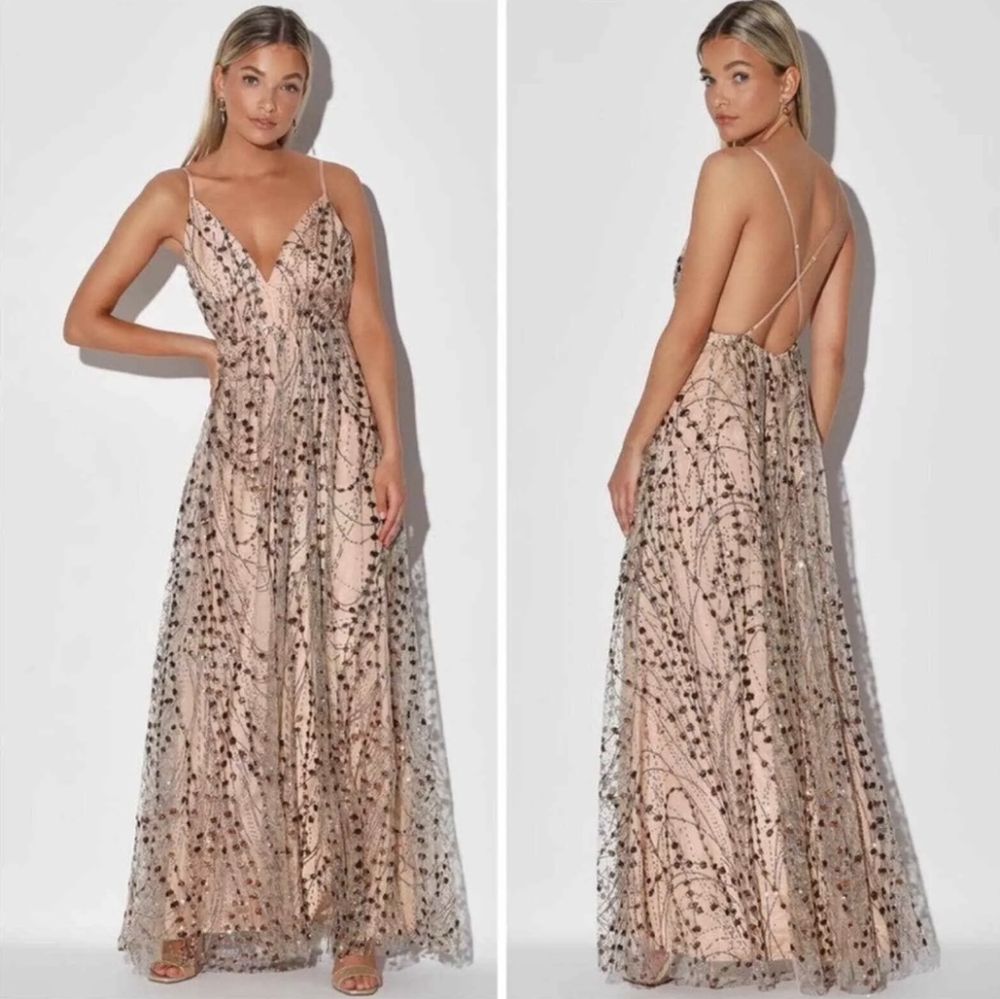 LULU'S Luminous Night Taupe Rainbow Glitter Bronze Sequin Maxi Dress